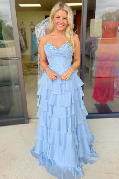Blue Beaded Corset Chiffon Ruffle Prom Gown