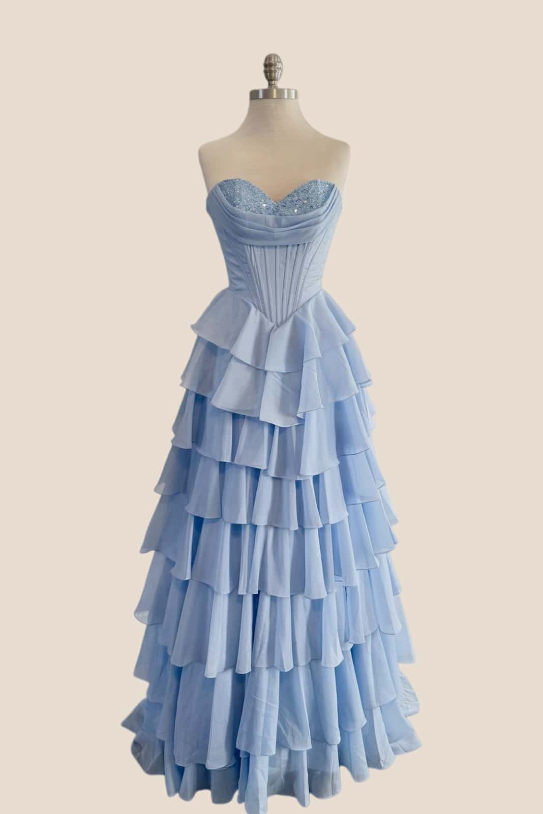 Blue Beaded Corset Chiffon Ruffle Prom Gown