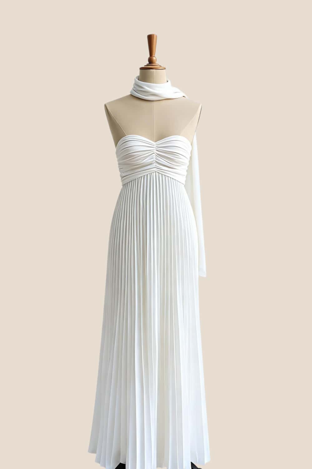 Empire White Pleated Maxi Scarf Dress