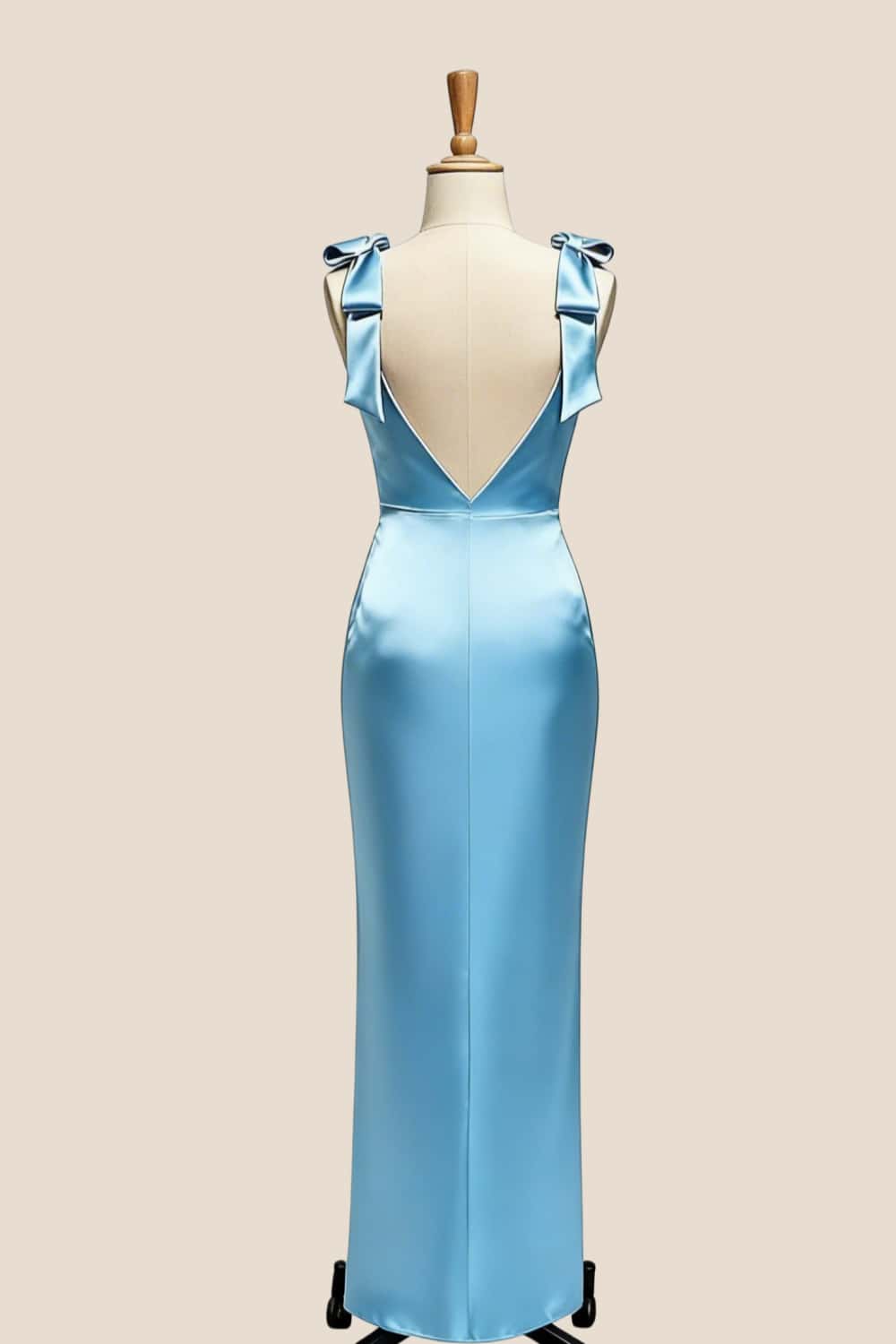 Bow Straps Blue Satin Fitted Bridesmaid Dress