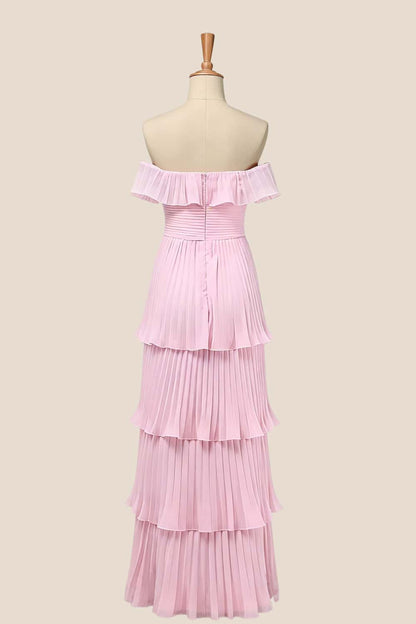 Off the Shoulder Pink Pleated Maxi Dress