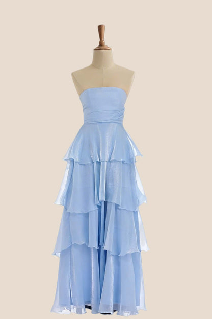 Blue Strapless A-line Ruffle Maxi Dress