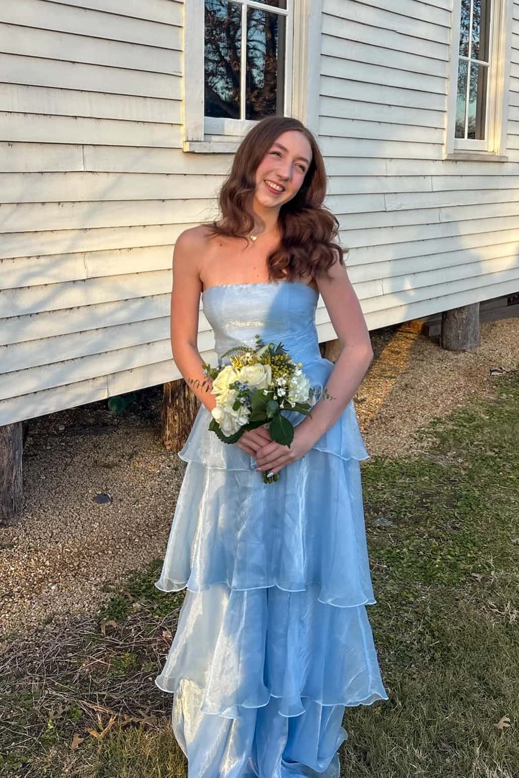 Blue Strapless A-line Ruffle Maxi Dress