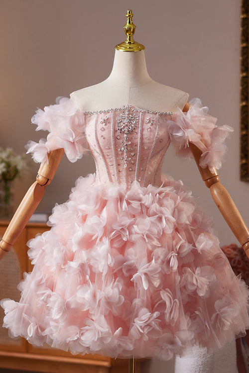 Off the Shoulder Pink Floral Short Dress with Beaded