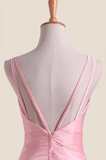 Pink Pleated Faux-Wrap Long Party Dress