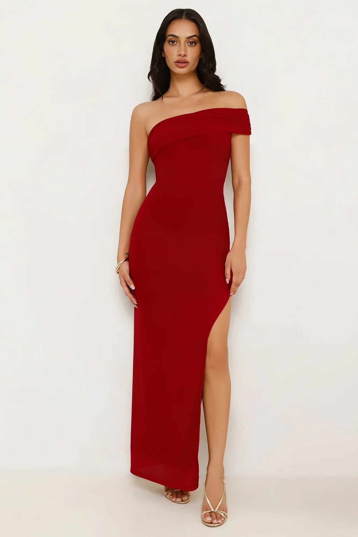 Berry Fresh Mesh One Shoulder Maxi Dress Red