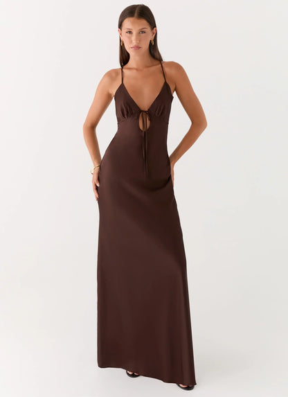 Flora Satin Maxi Dress - Chocolate