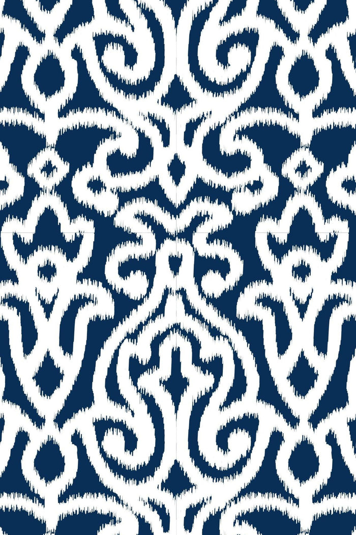 Close-up of the navy and white arabesque print.
