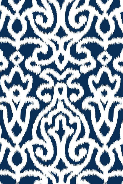 Close-up of the navy and white arabesque print.