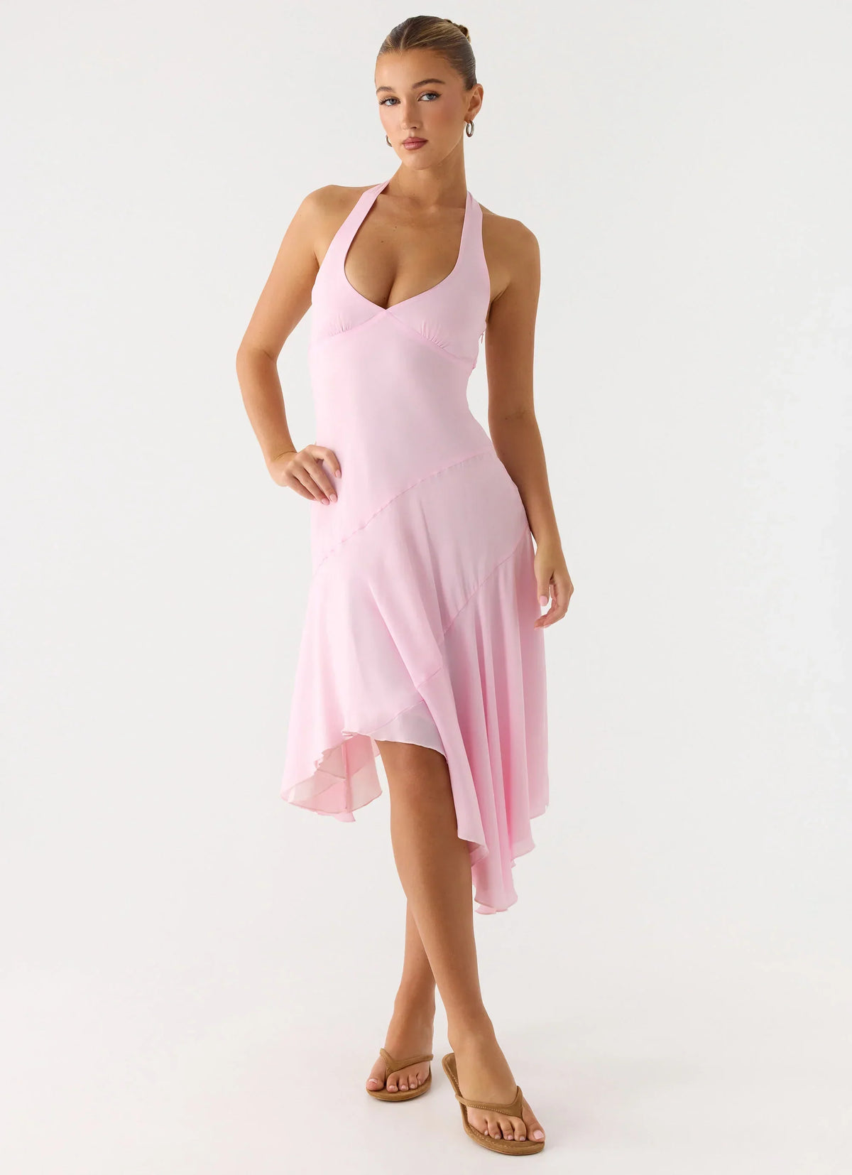 Faelie Halter Neck Asymmetrical Midi Dress - Pink