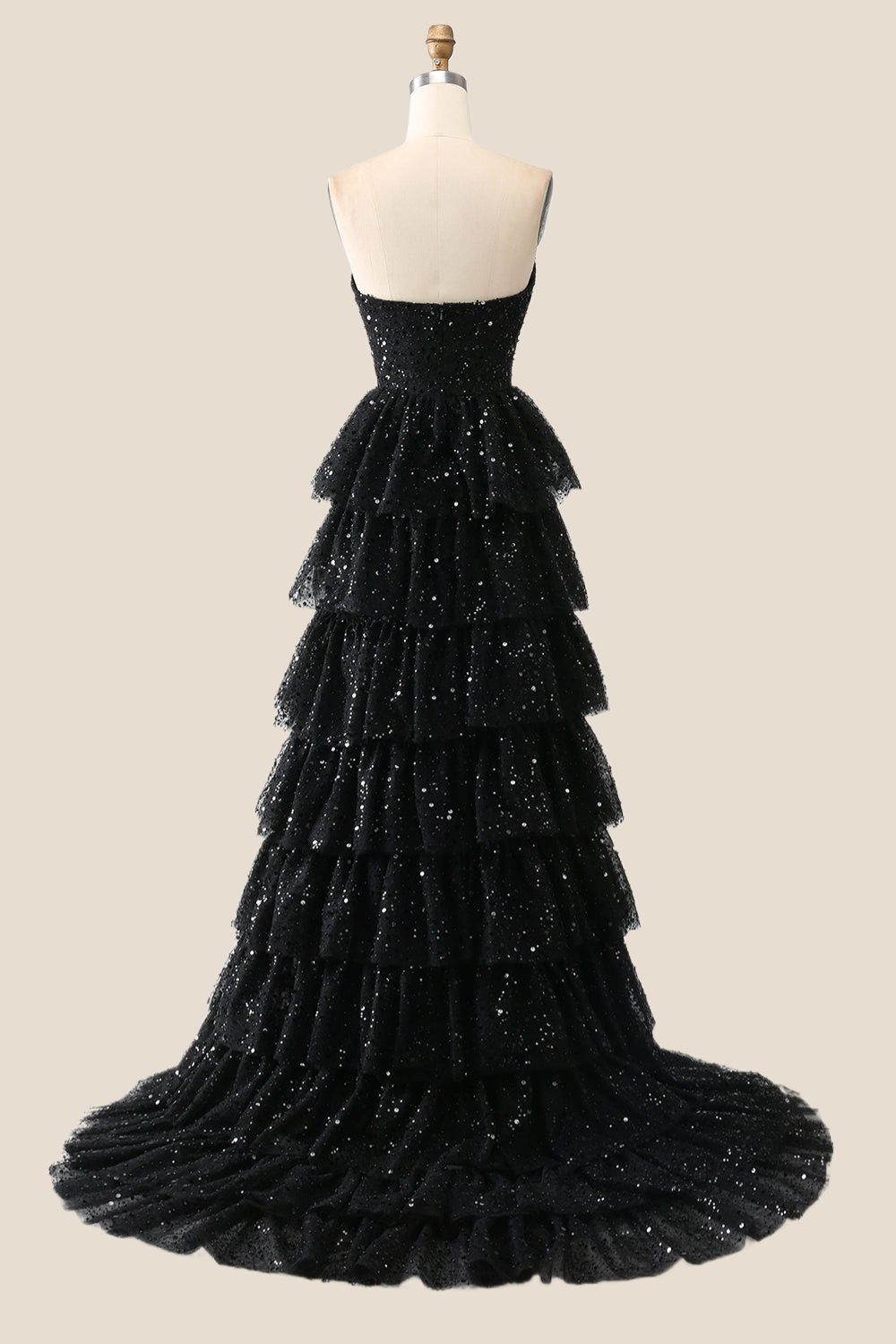 Black Sparkle Tulle Tiered Ruffles Gown