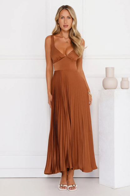 Evening Reverie Pleated Maxi Dress Brown