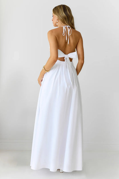 Feathered Snow Halter Maxi Dress White