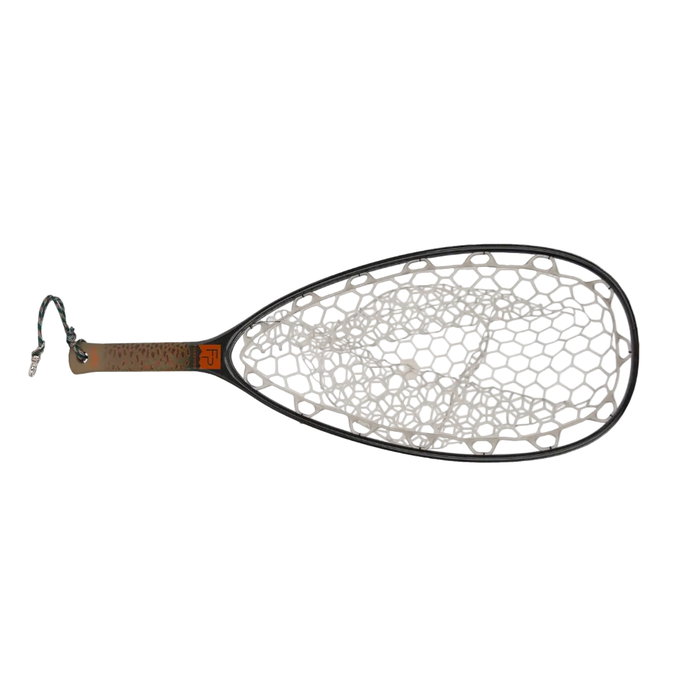 Fishpond Nomad Native Net with black frame, white TPU mesh bag, and speckled handle
