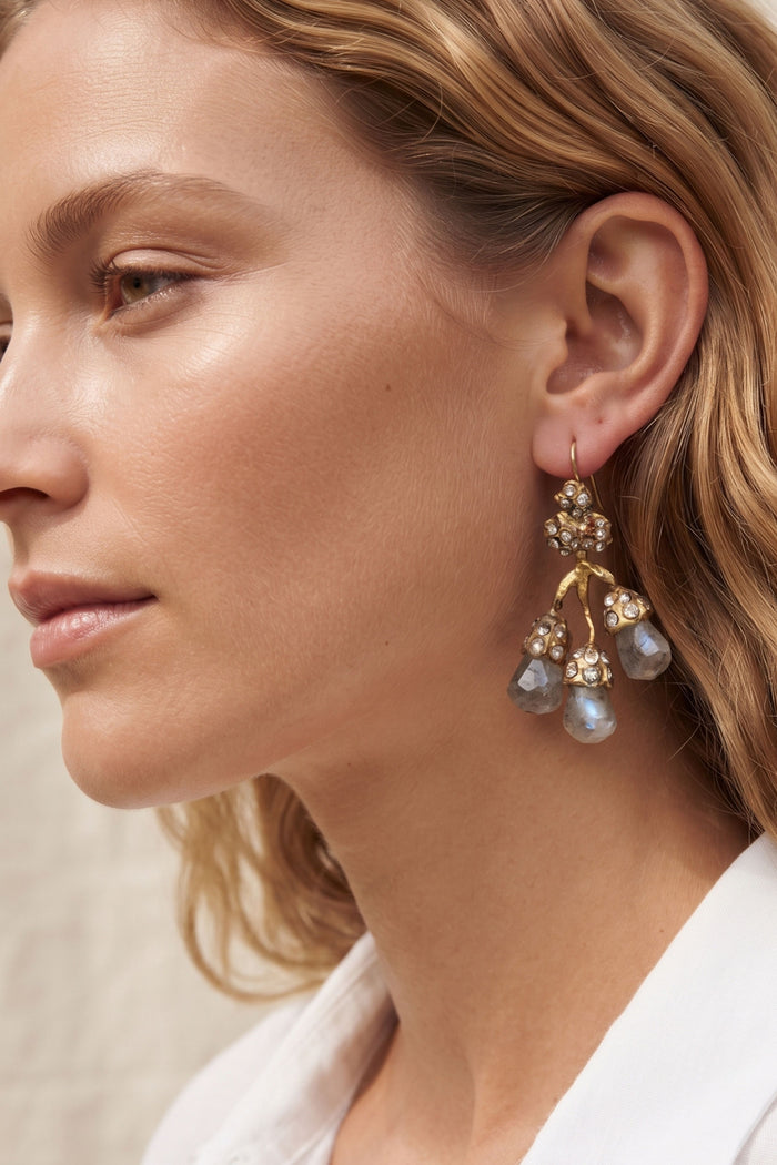A close-up side profile of a woman wearing a dangling earring. The earring features a gold-toned floral cluster with clear rhinestones and three dangling light blue-gray teardrop beads.