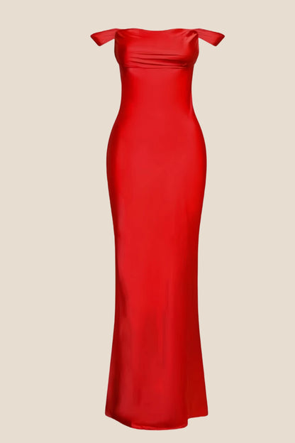Off the Shoulder Coral Soft Satin Long Dress