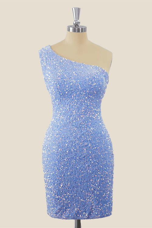 One Shoulder Light Blue Sequin Tight Mini Dress