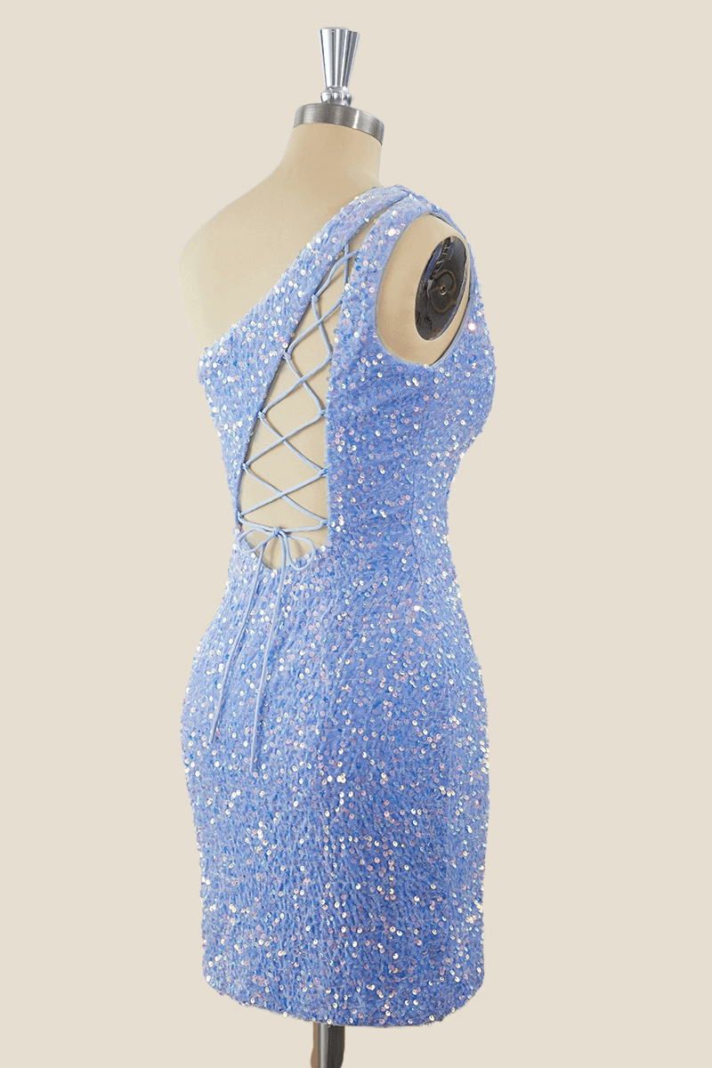 One Shoulder Light Blue Sequin Tight Mini Dress